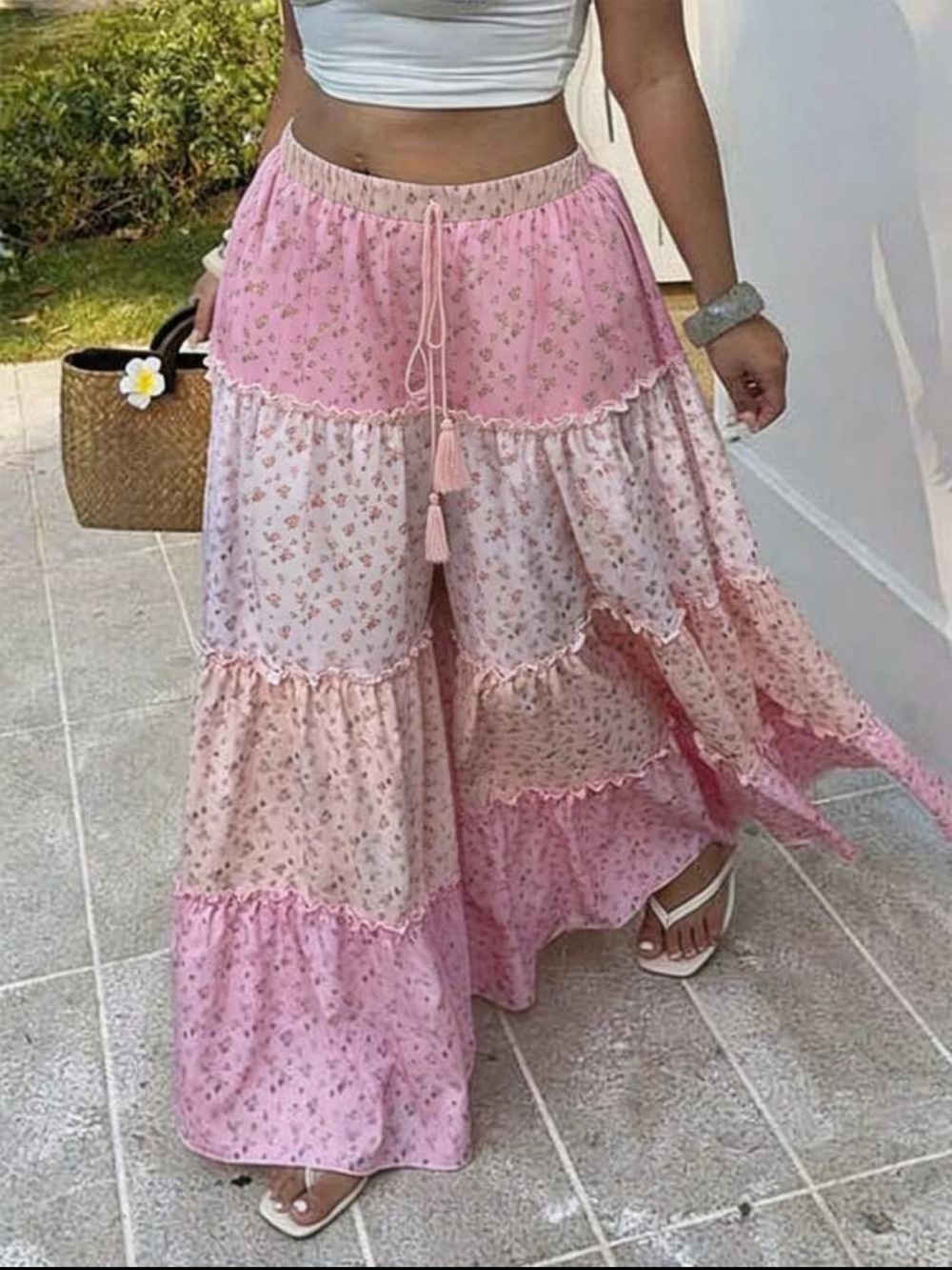 Plus Size Boho Pink Tiered Floral Palazzo Pants